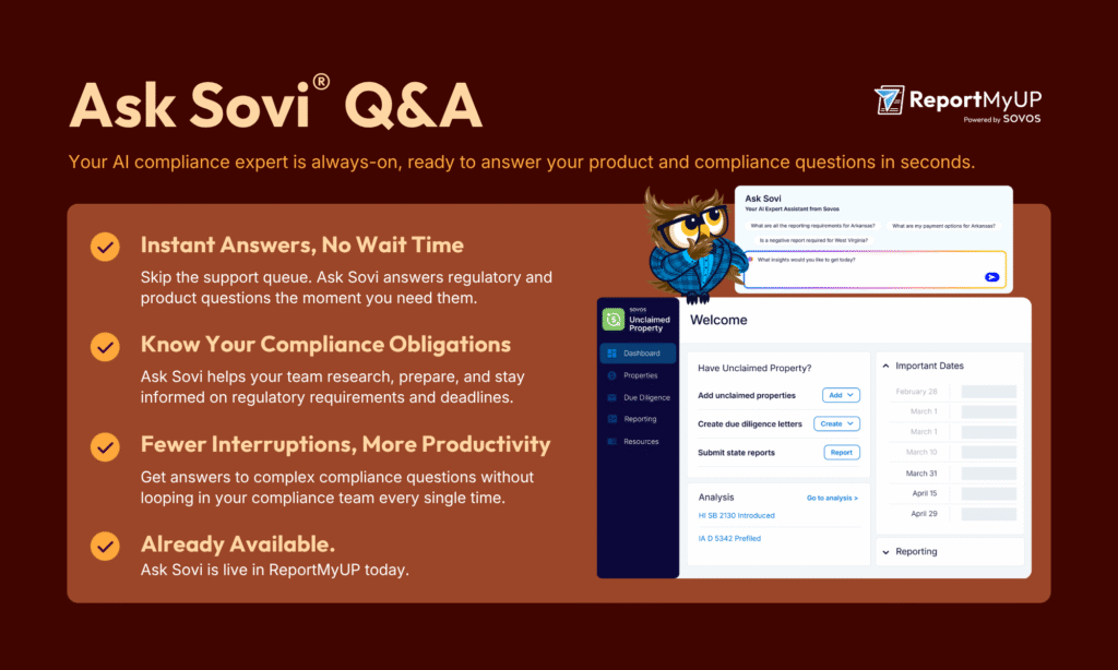Graphic showing Ask Sovi, the AI assistant in ReportMyUP, with example compliance questions and a dashboard view for unclaimed property reporting tasks.